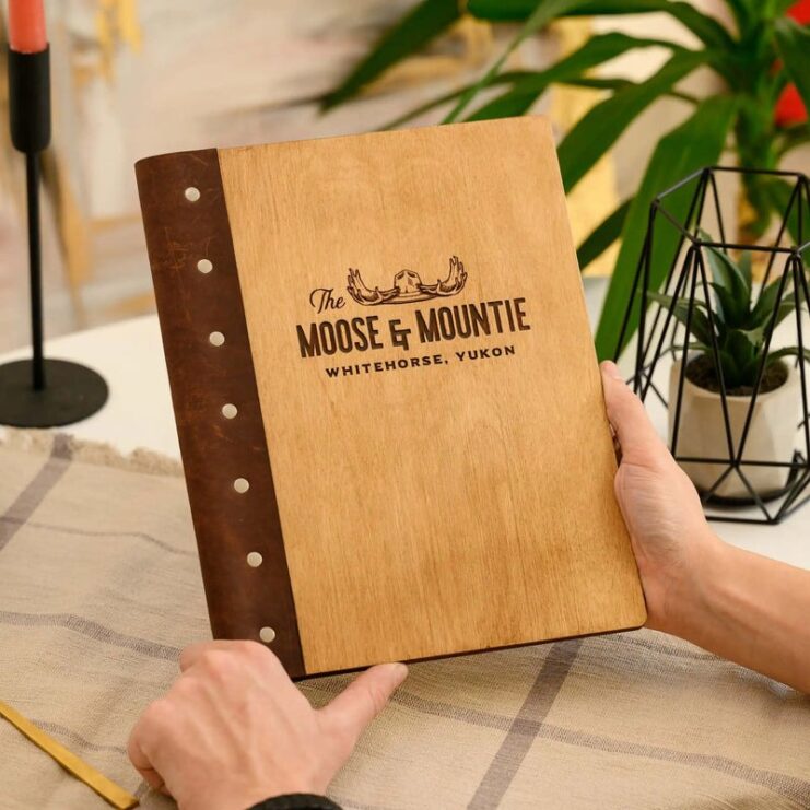 wooden menu holder with leather